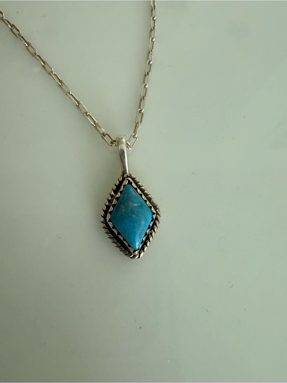 Diamond-Shaped Kingman Turquoise Pendant Necklace in Sterling Silver